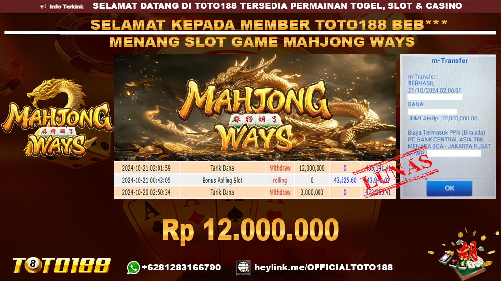 Bukti JP Kemenangan SLOT GAME MAHJONG WAYS 21 OKT 24