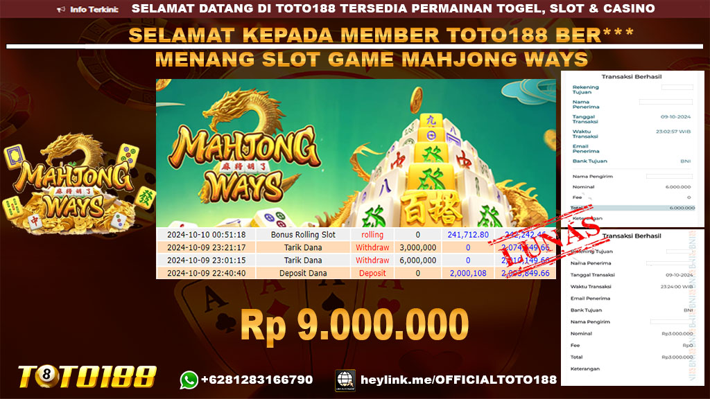 Bukti JP Kemenangan SLOT GAME MAHJONG WAYS 09 OKT 24