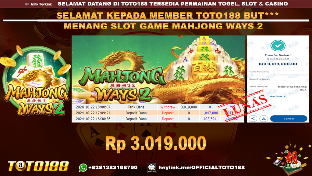 Bukti JP Kemenangan SLOT GAME MAHJONG WAYS2 22 OKT 24