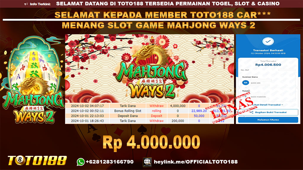 Bukti JP Kemenangan SLOT GAME MAHJONG WAYS2 02 OKT 24