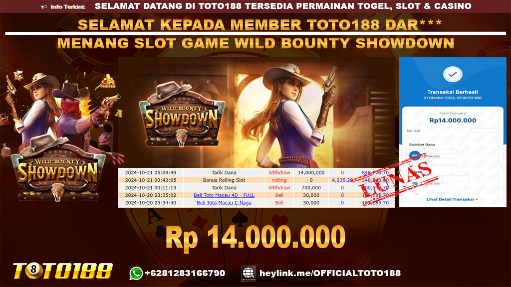 Bukti JP Kemenangan SLOT GAME WILD BOUNTY SHOWDOWN 21 OKT 24