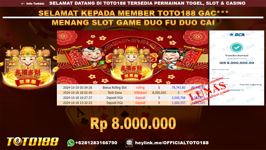 Bukti JP Kemenangan SLOT GAME DUO FU DUO CAI 18 OKT 24
