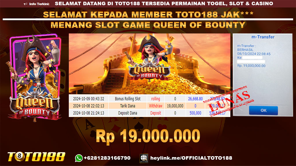 Bukti JP Kemenangan SLOT GAME QUEEN OF BOUNTY 08 OKT 24