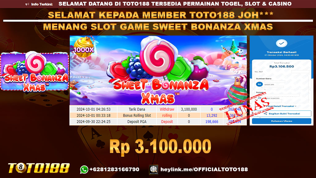 Bukti JP Kemenangan SLOT GAME SWEET BONANZA XMAS 01 Okt 2024