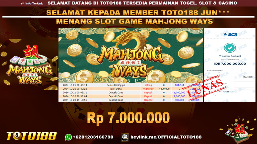 Bukti JP Kemenangan SLOT GAME MAHJONG WAYS 21 OKT 24