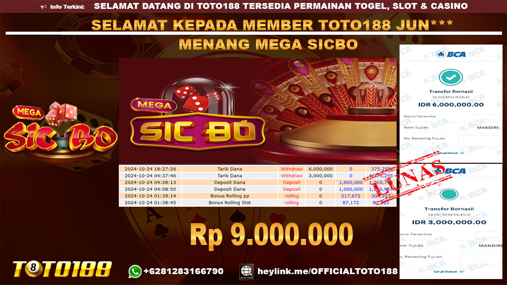 Bukti JP Kemenangan MEGA SICBO GAMES 24 OKT 24