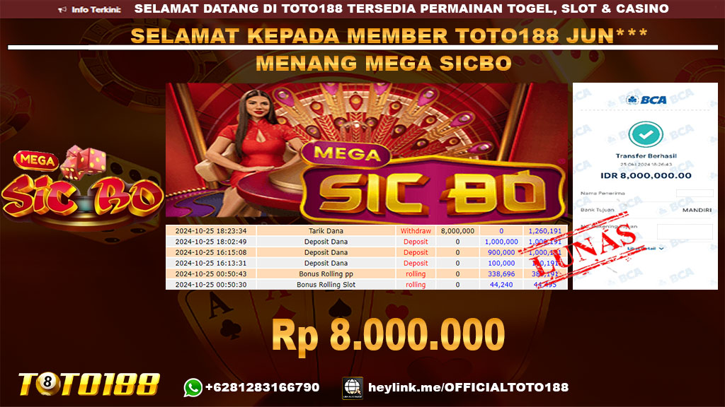 Bukti JP Kemenangan MEGA SICBO GAMES 25 OKT 24