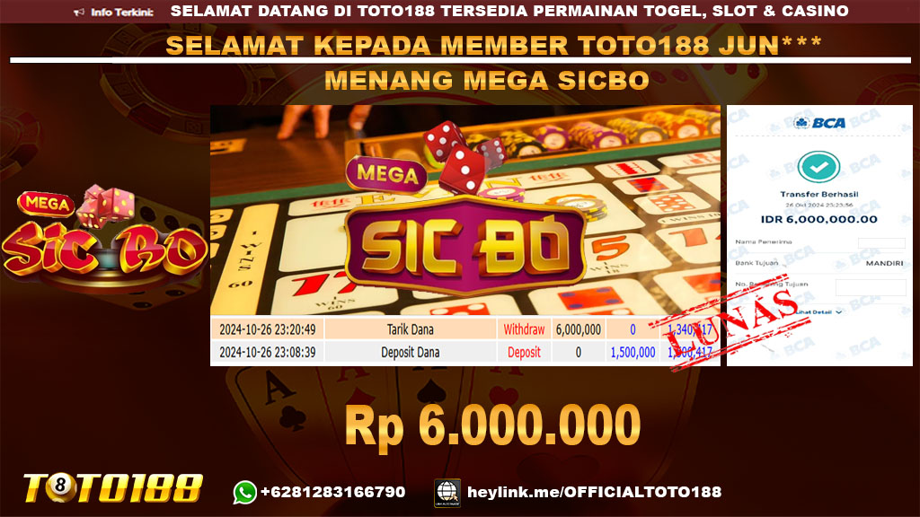 Bukti JP Kemenangan MEGA SICBO GAMES 26 OKT 24