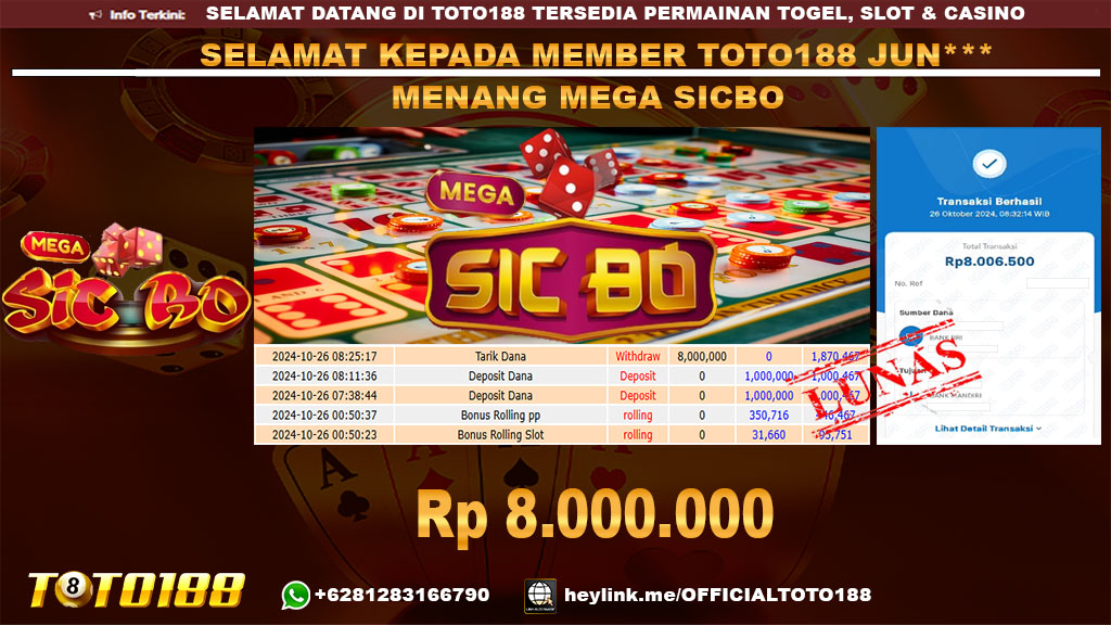Bukti JP Kemenangan MEGA SICBO GAMES 26 OKT 24