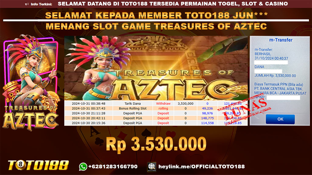 Bukti JP Kemenangan SLOT GAME TREASURES OF AZTEC 31 OKT 24