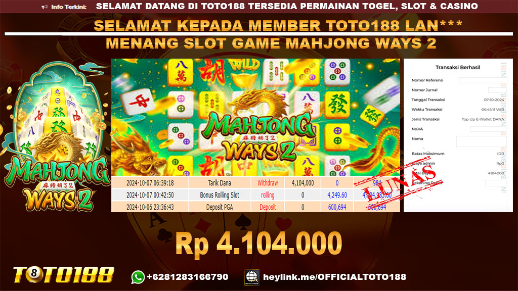 Bukti JP Kemenangan SLOT GAME MAHJONG WAYS2 07 OKT 24