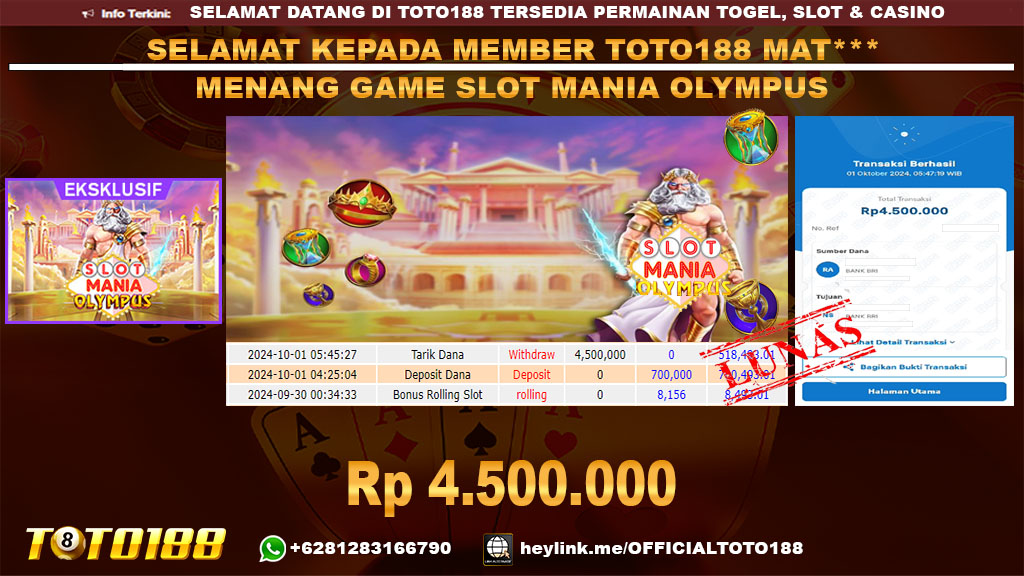 Bukti JP Kemenangan SLOT MANIA OLYMPUS 01 Okt 2024