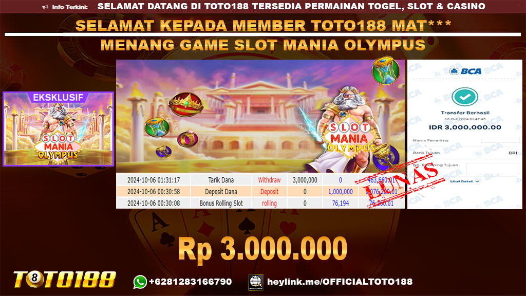 Bukti JP Kemenangan SLOT MANIA OLYMPUS 06 Okt 2024