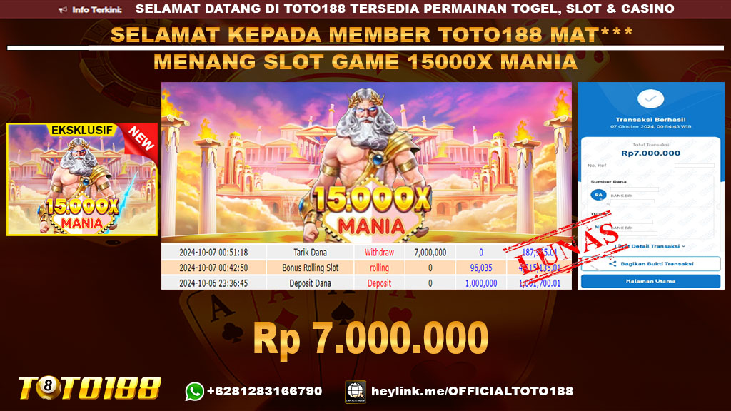 Bukti JP Kemenangan SLOT GAME 15000X MANIA 07 OKT 24