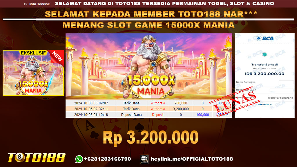 Bukti JP Kemenangan SLOT GAME 15000X MANIA 05 OKT 24