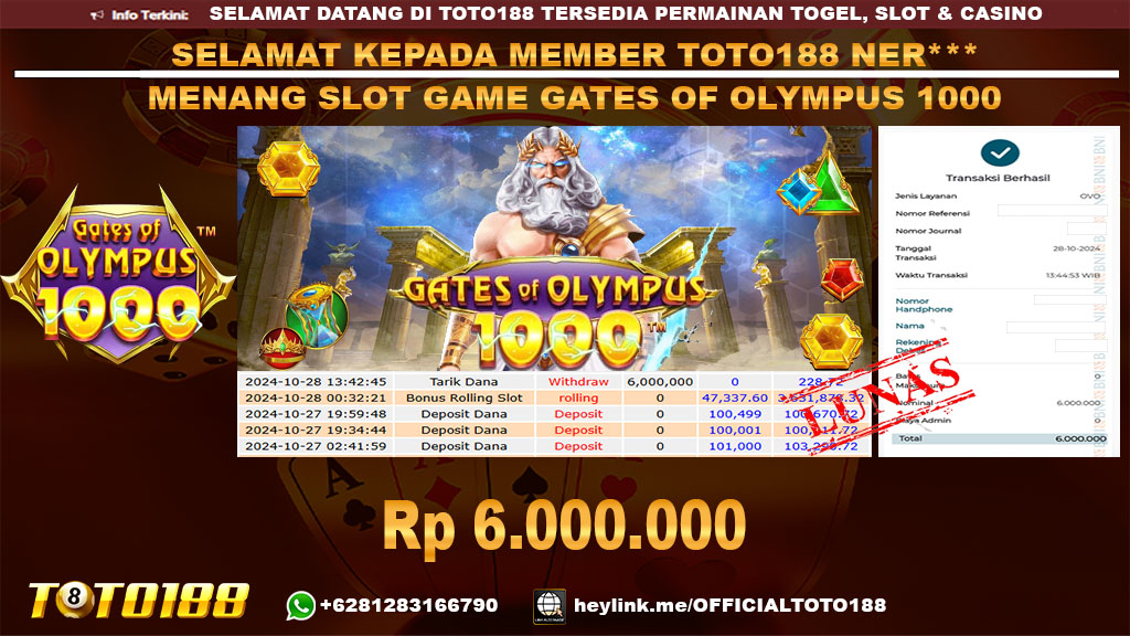 Bukti JP Kemenangan SLOT GAME GATES OF OLYMPUS 1000 28 OKT 24