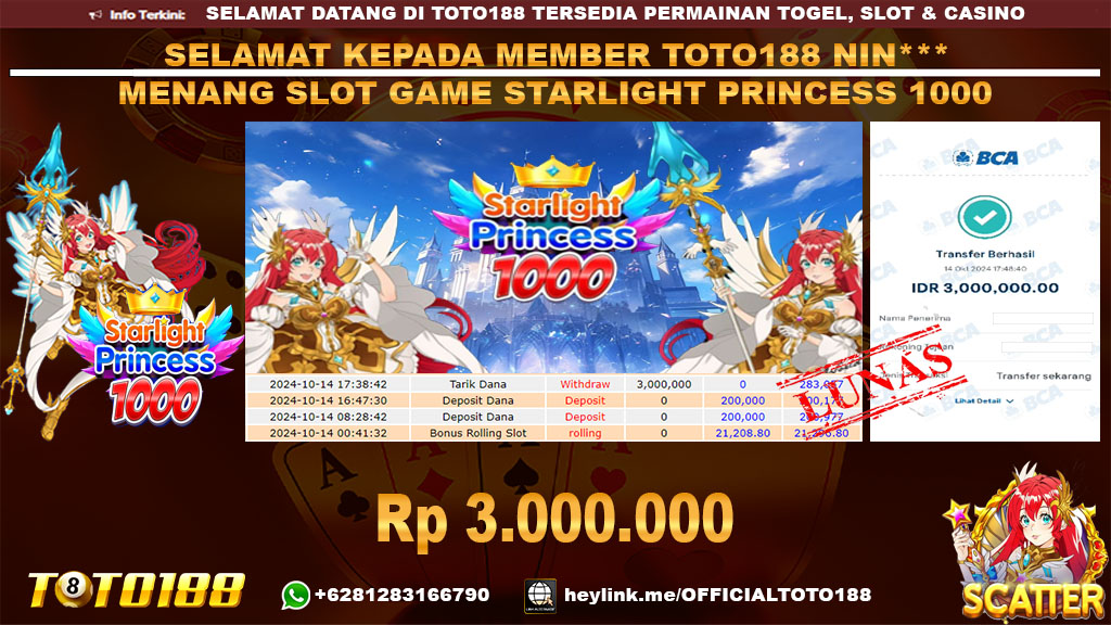 Bukti JP Kemenangan SLOT GAME STARLIGHT PRINCESS 1000 14 Okt 24