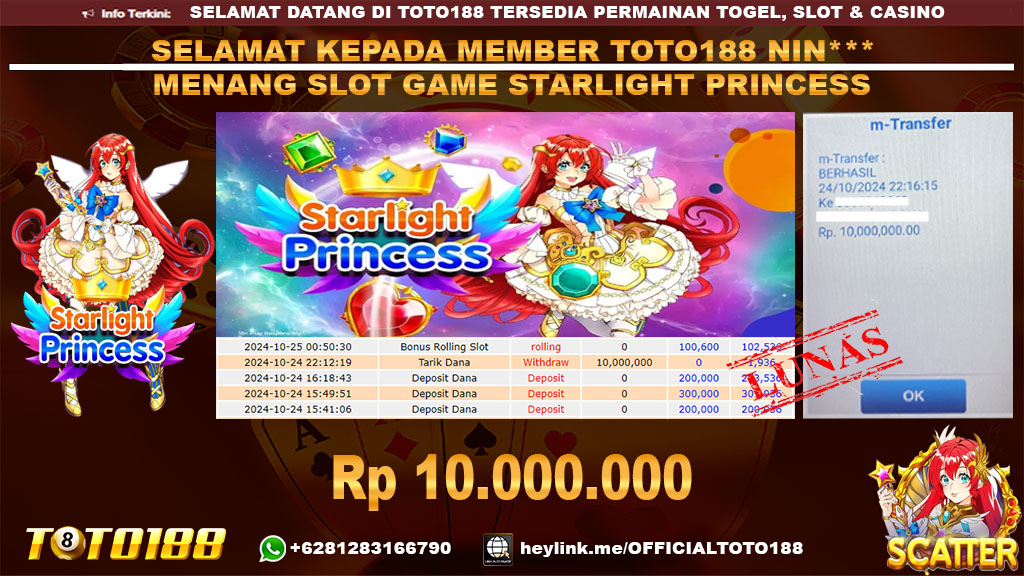 Bukti JP Kemenangan SLOT GAME STARLIGHT PRINCESS 24 Okt 24