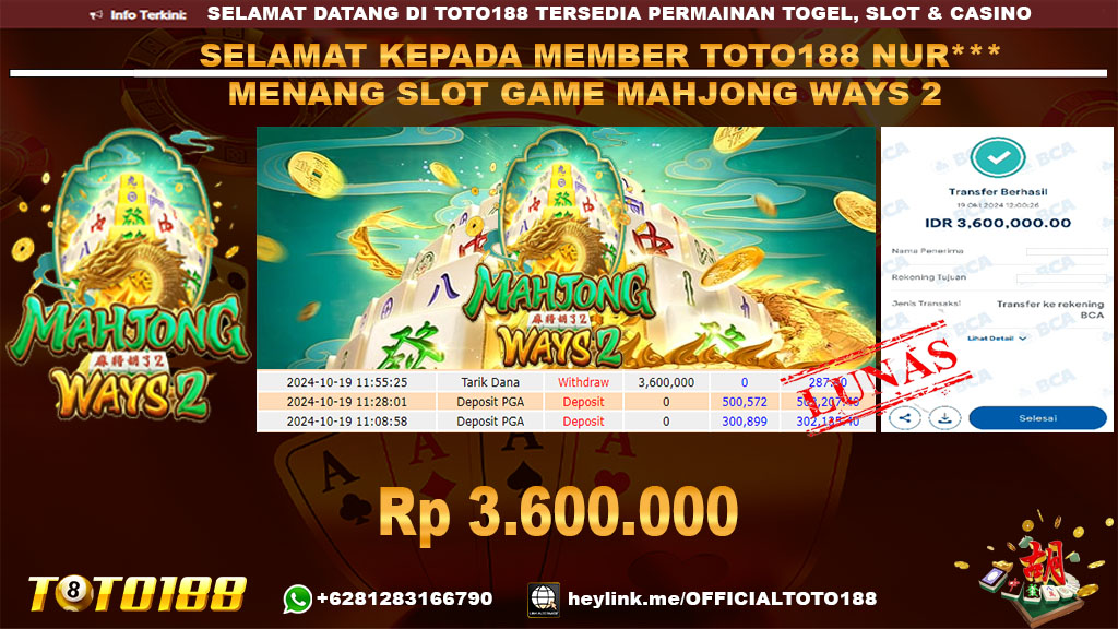 Bukti JP Kemenangan SLOT GAME MAHJONG WAYS2 19 OKT 24