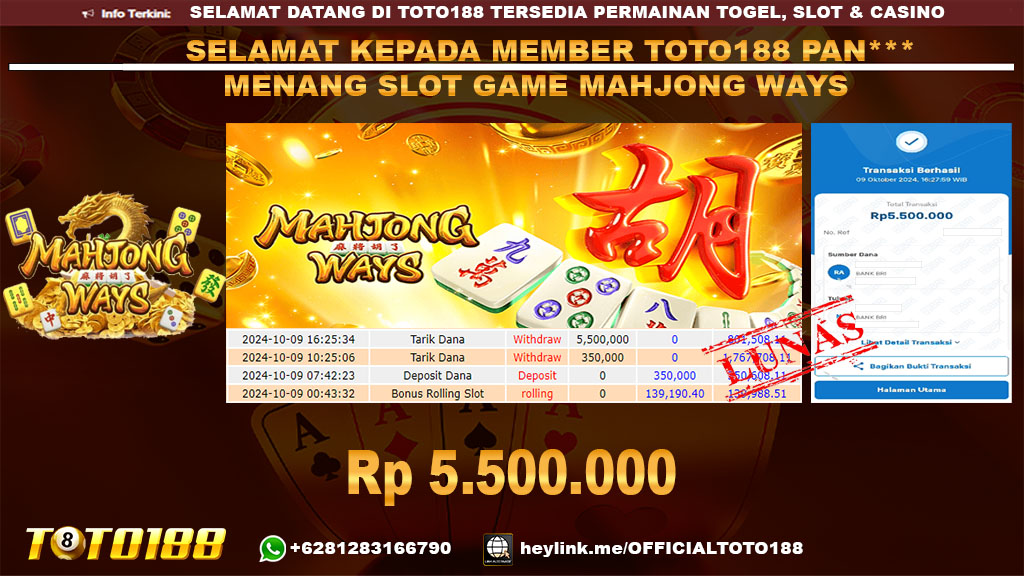 Bukti JP Kemenangan SLOT GAME MAHJONG WAYS 09 OKT 24