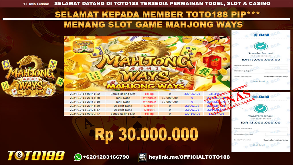 Bukti JP Kemenangan SLOT GAME MAHJONG WAYS 13 OKT 24