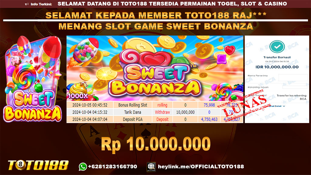 Bukti JP Kemenangan SLOT GAME SWEET BONANZA 04 OKT 2024