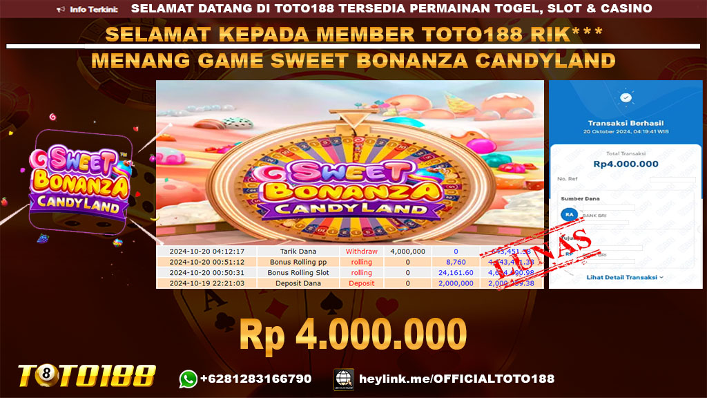 Bukti JP Kemenangan SWEET BONANZA CANDYLAND 20 Okt 2024