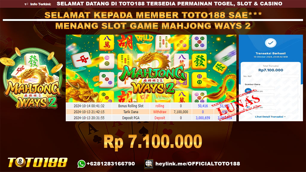Bukti JP Kemenangan SLOT GAME MAHJONG WAYS2 13 OKT 24