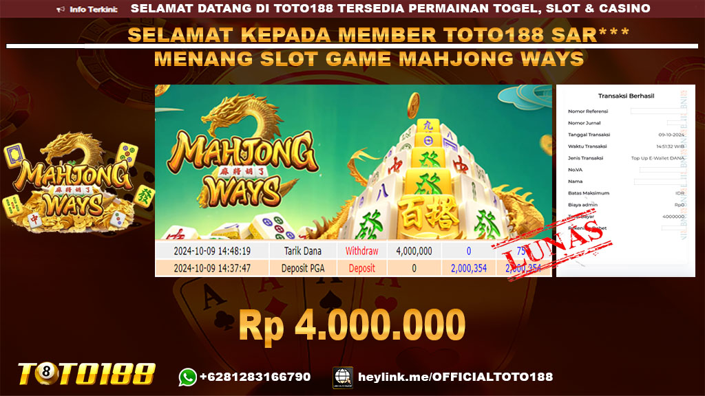 Bukti JP Kemenangan SLOT GAME MAHJONG WAYS 09 OKT 24