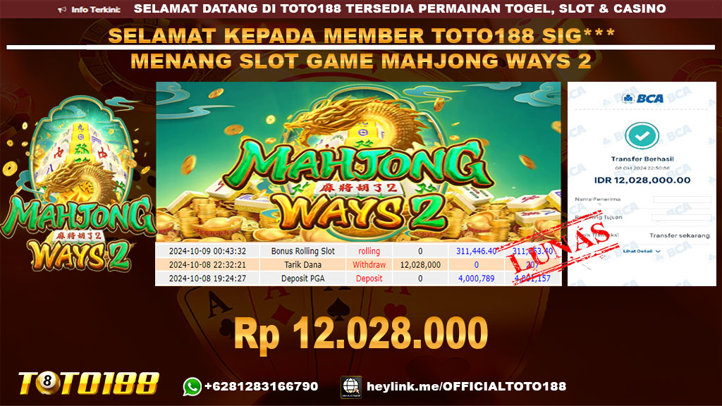 Bukti JP Kemenangan SLOT GAME MAHJONG WAYS2 08 OKT 24