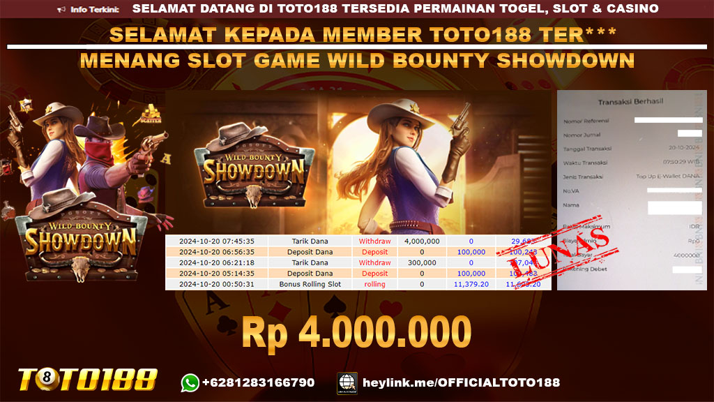Bukti JP Kemenangan SLOT GAME WILD BOUNTY SHOWDOWN 20 OKT 24