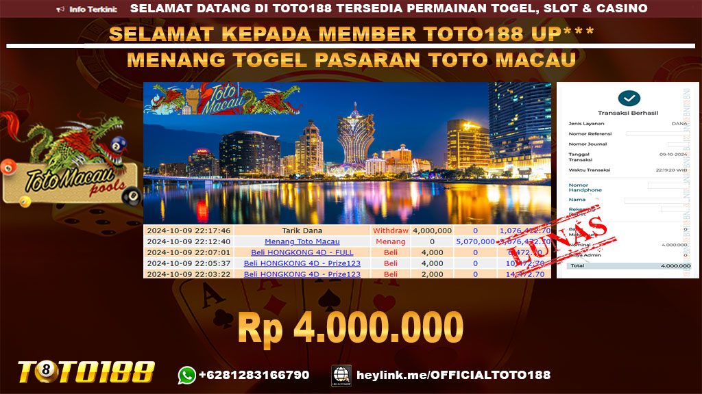 Bukti JP Kemenangan TOGEL PASARAN TOTO MACAU 09 OKT 24