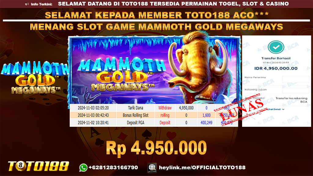 Bukti JP Kemenangan SLOT GAME MAMMOTH GOLD MEGAWAYS 03 NOV 24