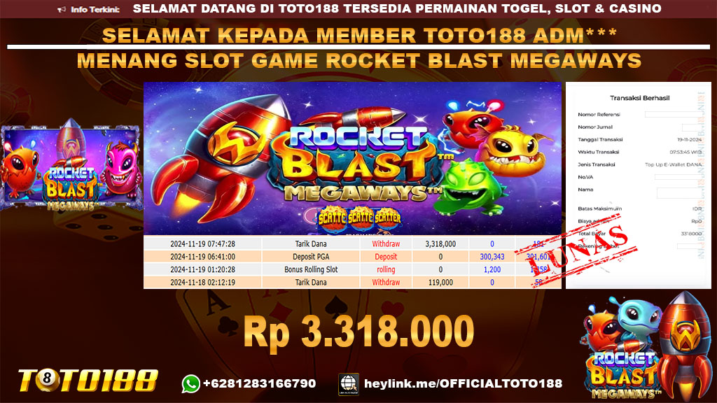 Bukti JP Kemenangan SLOT GAME ROCKET BLAST MEGAWAYS 19 NOV 24