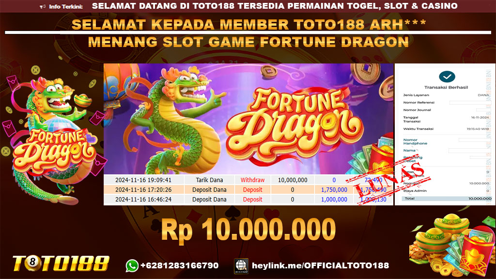 Bukti JP Kemenangan SLOT GAME FORTUNE DRAGON 16 NOV 24