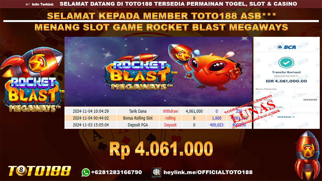 Bukti JP Kemenangan SLOT GAME ROCKET BLAST MEGAWAYS 04 NOV 24