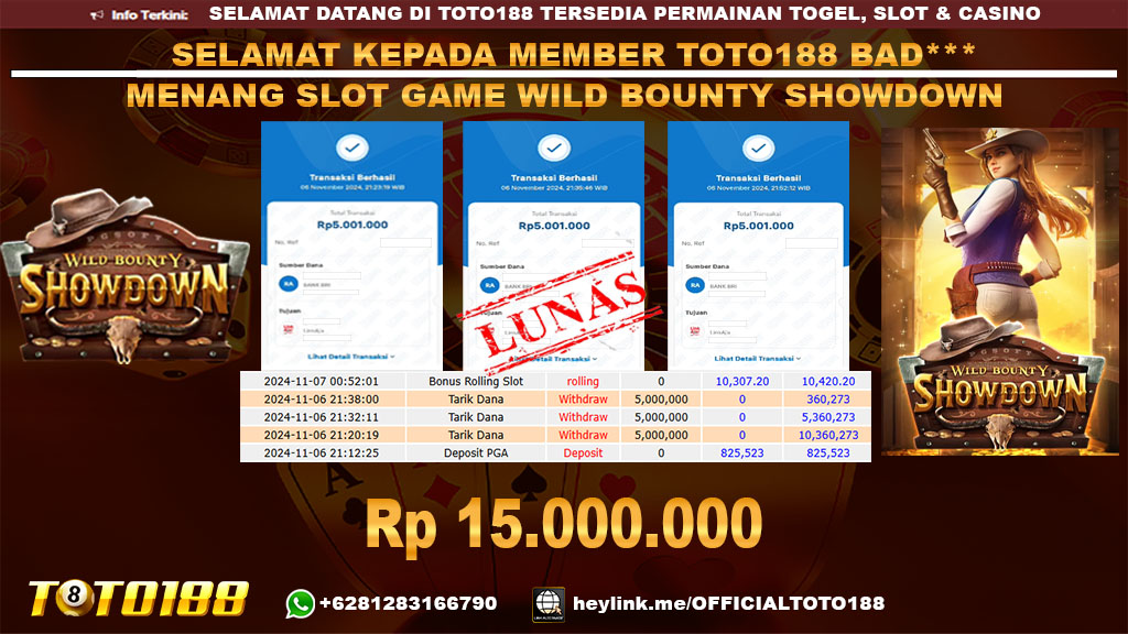 Bukti JP Kemenangan SLOT GAME WILD BOUNTY SHOWDOWN 06 NOV 24