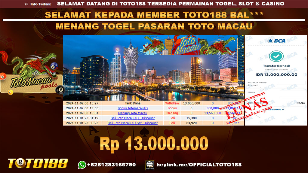 Bukti JP Kemenangan TOGEL PASARAN TOTO MACAU 02 NOV 24