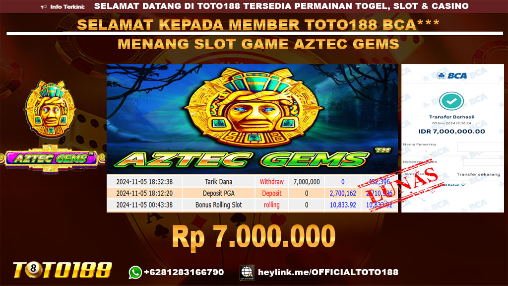 Bukti JP Kemenangan SLOT GAME AZTEC GEMS 05 NOV 24