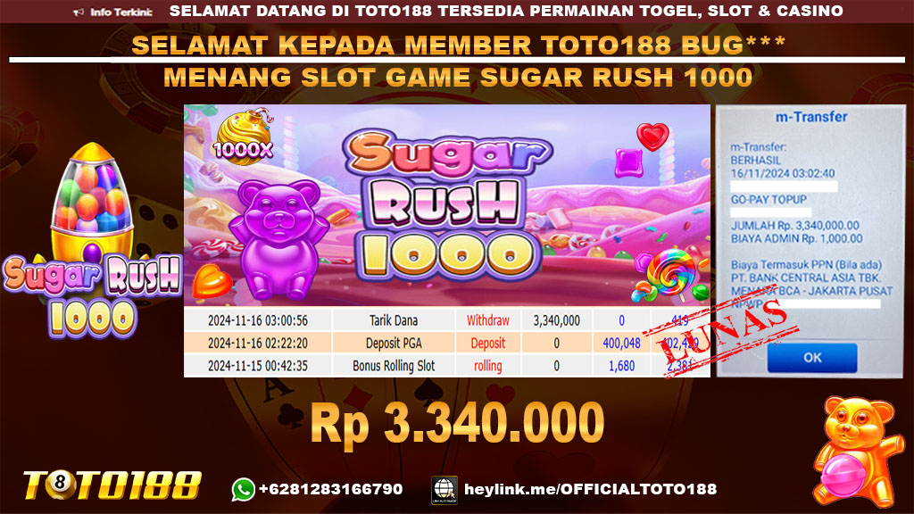Bukti JP Kemenangan SLOT GAME SUGAR RUSH 1000 16 NOV 24