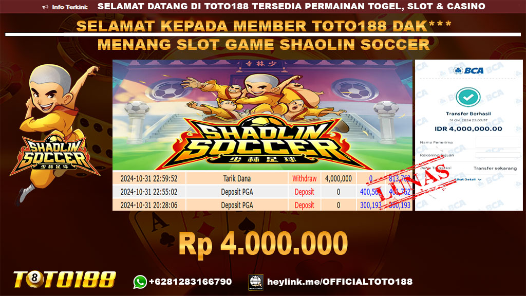 Bukti JP Kemenangan SLOT GAME SHAOLIN SOCCER 31 OKT 24