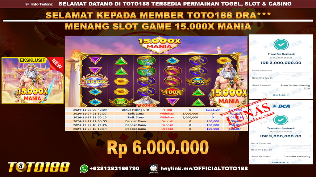 Bukti JP Kemenangan SLOT GAME 15.000X MANIA 27 NOV 24