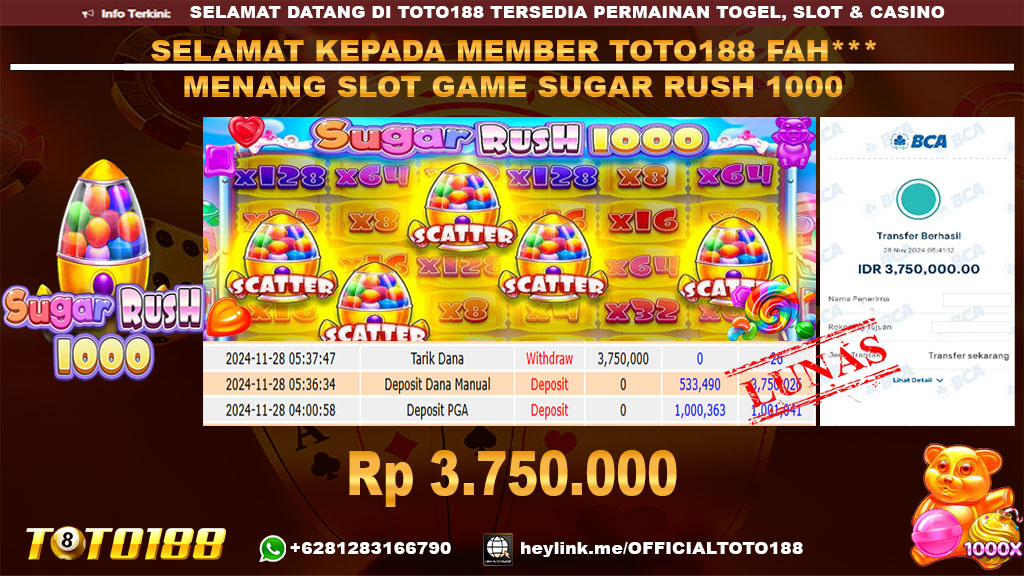 Bukti JP Kemenangan SLOT GAME SUGAR RUSH 1000 28 NOV 24