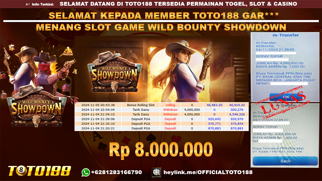 Bukti JP Kemenangan SLOT GAME WILD BOUNTY SHOWDOWN 04 NOV 24