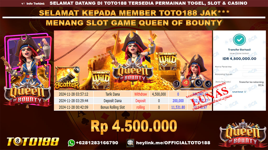 Bukti JP Kemenangan SLOT GAME QUEEN OF BOUNTY 28 NOV 24
