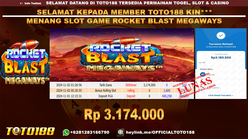 Bukti JP Kemenangan SLOT GAME ROCKET BLAST MEGAWAYS 02 NOV 24