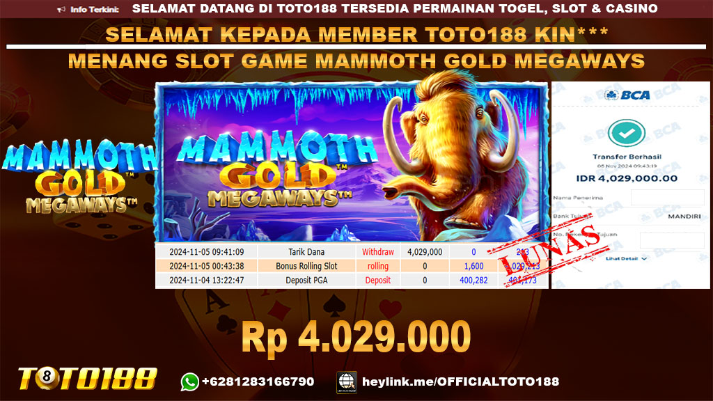 Bukti JP Kemenangan SLOT GAME MAMMOTH GOLD MEGAWAYS 05 NOV 24