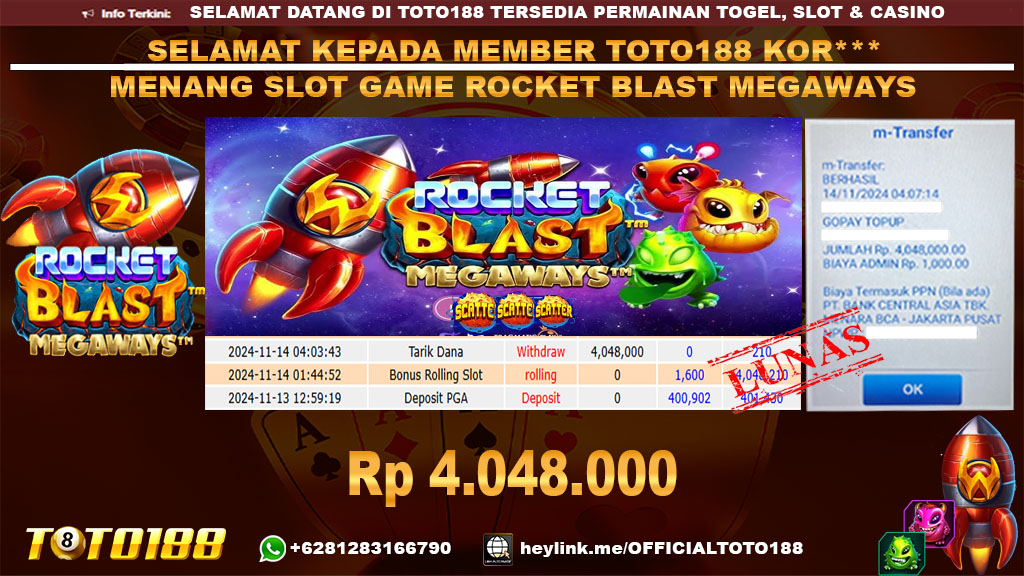Bukti JP Kemenangan SLOT GAME ROCKET BLAST MEGAWAYS 14 NOV 24