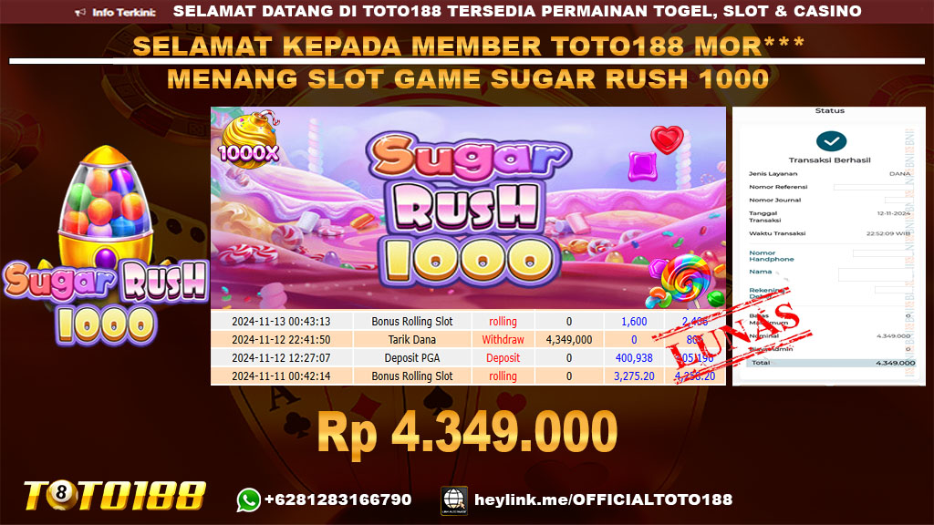 Bukti JP Kemenangan SLOT GAME SUGAR RUSH 1000 12 NOV 24