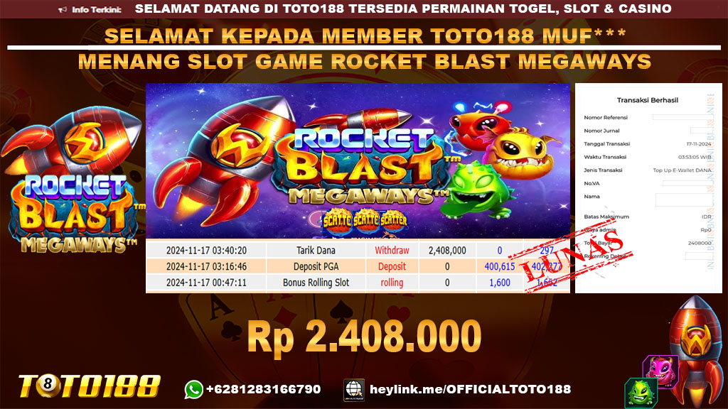 Bukti JP Kemenangan SLOT GAME ROCKET BLAST MEGAWAYS 17 NOV 24